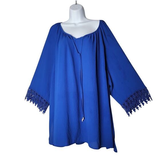 Catherines Women’s 4X Royal Blue Boho Peasant Tunic Top Crochet Bell Sleeves - Picture 1 of 11